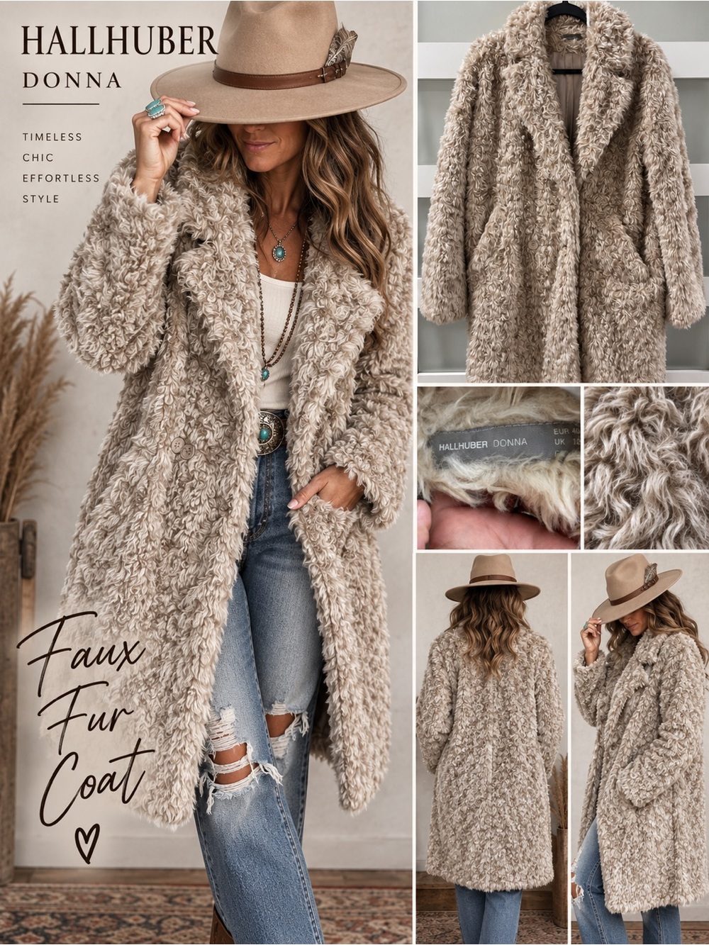 Donna by Hallhuber Faux Fur Teddy Coat Taupe Brown EU 40 - US 8